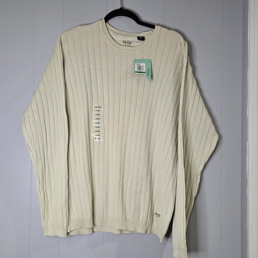 NWT‎ IZOD Jeans Men Large Ivory Ribbed Knit Crew Neck Cotton Sweater Neutral
